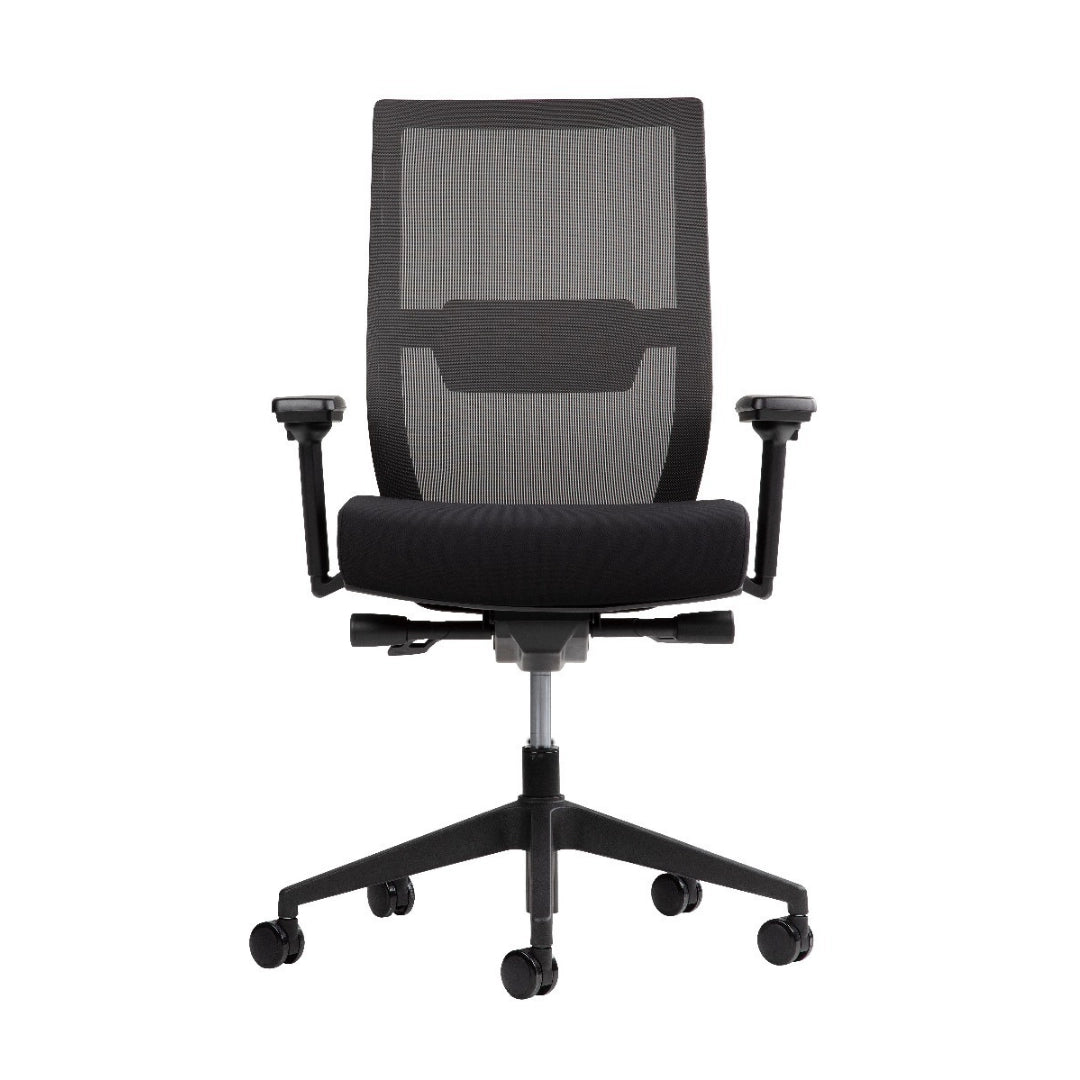The product is an ergonomic office chair designed for comfort and support during long hours of sitting. It features a mesh backrest for breathability and a padded seat for added comfort. The chair has adjustable armrests and a five-point base with wheels for easy mobility.