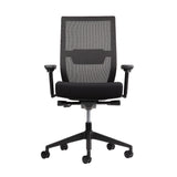 The product is an ergonomic office chair designed for comfort and support during long hours of sitting. It features a mesh backrest for breathability and a padded seat for added comfort. The chair has adjustable armrests and a five-point base with wheels for easy mobility.