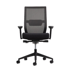 The product is an ergonomic office chair designed for comfort and support during long hours of sitting. It features a mesh backrest for breathability and a padded seat for added comfort. The chair has adjustable armrests and a five-point base with wheels for easy mobility.