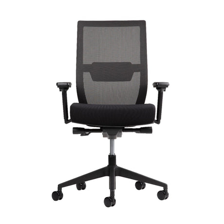 The product is an ergonomic office chair designed for comfort and support during long hours of sitting. It features a mesh backrest for breathability and a padded seat for added comfort. The chair has adjustable armrests and a five-point base with wheels for easy mobility.
