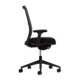 The product is an ergonomic office chair, designed for comfort and support during long hours of sitting. It features a sleek black design with a mesh back for breathability, adjustable armrests, and a five-point base with wheels for mobility. The chair appears to be modern and functional, suitable for a professional workspace.