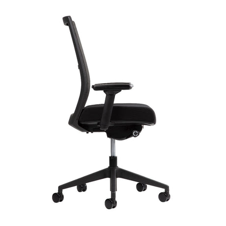 The product is an ergonomic office chair, designed for comfort and support during long hours of sitting. It features a sleek black design with a mesh back for breathability, adjustable armrests, and a five-point base with wheels for mobility. The chair appears to be modern and functional, suitable for a professional workspace.