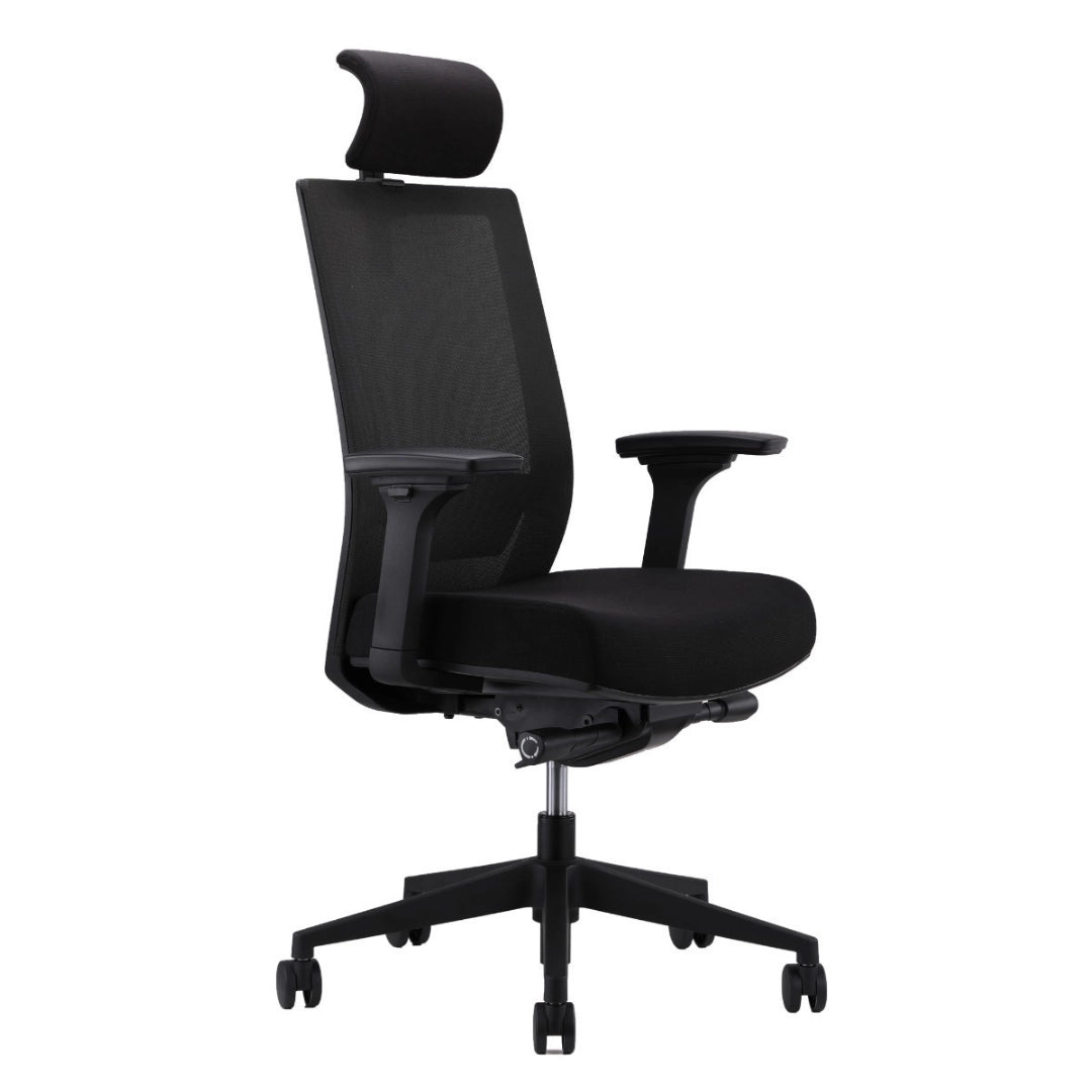 The product is an ergonomic office chair, designed for comfort and support during long hours of sitting. It features a mesh backrest for breathability, adjustable armrests, and a cushioned seat. The chair has a sleek black design and is mounted on a wheeled base for mobility.