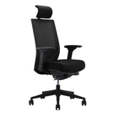 The product is an ergonomic office chair, designed for comfort and support during long hours of sitting. It features a mesh backrest for breathability, adjustable armrests, and a cushioned seat. The chair has a sleek black design and is mounted on a wheeled base for mobility.
