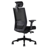 The product is an ergonomic office chair, specifically the "Air" model. The image shows the back view of the chair, which features a mesh design for breathability, adjustable armrests, and a sturdy base with wheels for mobility. The overall color scheme is black, emphasizing a modern and sleek appearance.