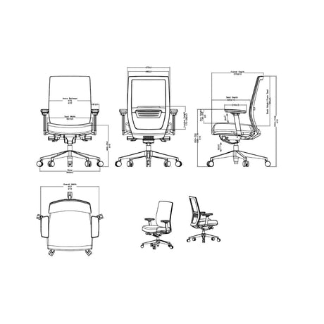 The product is an ergonomic office chair, specifically the "Air" model. The image displays technical drawings from multiple angles, showcasing the chair's design, dimensions, and features such as adjustable armrests and a wheeled base for mobility. The overall design emphasizes comfort and support for prolonged sitting.