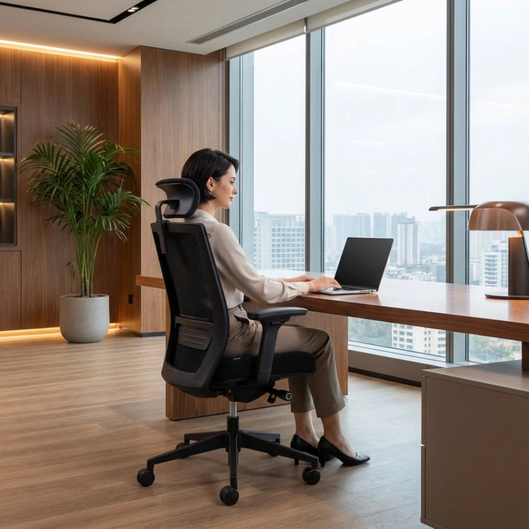 The image features an ergonomic office chair, designed for comfort and support during long hours of work. A woman is seated at a desk, using a laptop, with a modern office environment visible in the background, including large windows and a potted plant. The chair has a sleek design, emphasizing functionality and style.