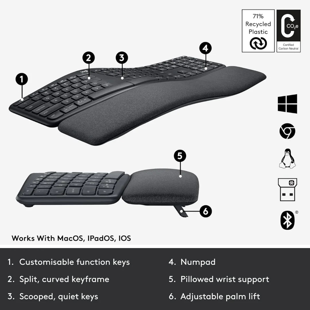 Ergonomska tipkovnica Logitech ERGO K860, njemački izgled, crna - Ergospace