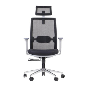 The product is an ergonomic office chair, specifically the Cutler GF model. The chair features a high back with a mesh design for breathability, a padded seat, adjustable armrests, and a headrest. It is supported by a chrome base with wheels for mobility.