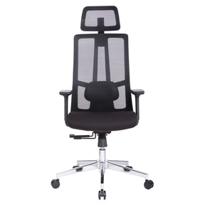 The product is an ergonomic office chair, featuring a sleek design with a mesh backrest for breathability. It has adjustable armrests and a supportive headrest, making it suitable for long hours of sitting. The chair is mounted on a chrome base with wheels for easy mobility.