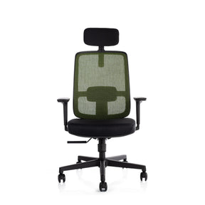 The product is an ergonomic office chair, specifically the Ergo Basic model. The chair features a mesh backrest for breathability, a padded seat, and adjustable armrests. It also includes a headrest for added comfort, making it suitable for long hours of use.