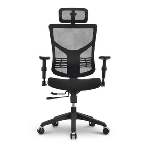 The product is an ergonomic office chair, specifically the Essent model. The image shows a chair with a mesh backrest, a padded seat, adjustable armrests, and a headrest. It features a sleek design with a five-point base and wheels for mobility, emphasizing comfort and support for long hours of sitting.