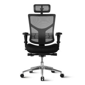 The product is an ergonomic office chair, specifically the Essent Plus model. The chair features a mesh backrest for breathability, a padded seat for comfort, and adjustable armrests. It is designed to provide support during long hours of sitting, making it suitable for office use.