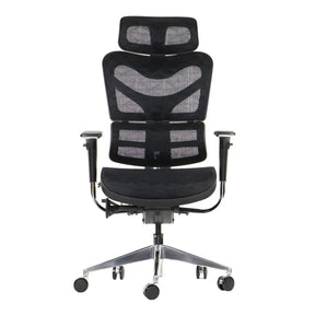 The product is an ergonomic office chair, specifically the Ergonew S7 model. The chair features a sleek black design with a mesh backrest and seat, providing breathability and comfort. It includes adjustable armrests and a supportive headrest, making it suitable for long hours of use.
