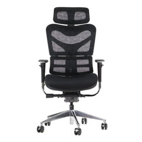 The image shows an ergonomic office chair, specifically the Ergonew S7 model. It features a modern design with a mesh backrest for breathability, adjustable armrests, and a comfortable padded seat, all supported by a chrome base with wheels for mobility. The chair is designed to provide comfort and support during long hours of sitting.