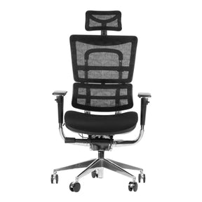 The product is an ergonomic office chair, specifically the Ergonew S8 model. The chair features a sleek design with a mesh backrest and a padded seat, providing support and comfort. It also includes adjustable armrests and a headrest, making it suitable for long hours of use. The base is equipped with wheels for easy mobility.