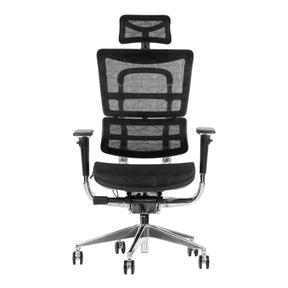 The product is an ergonomic office chair, model Ergonew S8. The chair features a modern design with a mesh backrest and seat for breathability, adjustable armrests, and a supportive headrest, all mounted on a chrome base with rolling casters for mobility.