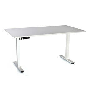The product is a standing desk, specifically the Clever model. The image shows a sleek, modern desk with a gray top and white legs. It features an adjustable height mechanism, indicated by a control panel on the side, allowing users to switch between standing and sitting positions.