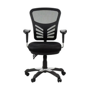 The product is an ergonomic office chair, model HG-0001. The chair features a breathable mesh back for comfort and support, adjustable armrests, and a cushioned seat, all mounted on a wheeled base for easy mobility.