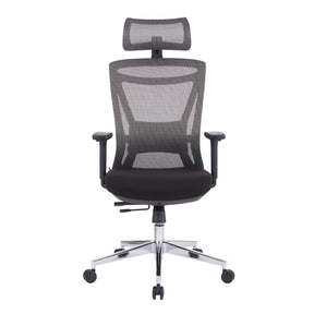 The product is an ergonomic office chair, specifically the Taurus model. The chair features a mesh back for breathability, a padded seat for comfort, and adjustable armrests. It also includes a headrest and a chrome base with wheels for mobility.