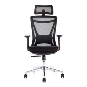 The product is an ergonomic office chair, specifically the Taurus model. The chair features a sleek design with a mesh back for breathability, a padded seat for comfort, and adjustable armrests. It also includes a headrest and a chrome base with wheels for mobility.