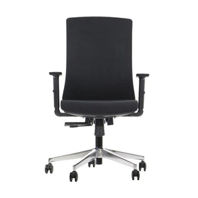 The product is an ergonomic office chair, specifically the Tono model. The chair features a sleek black design with a high backrest and adjustable armrests, set on a chrome base with wheels for mobility. Its minimalist style is suitable for modern office environments.
