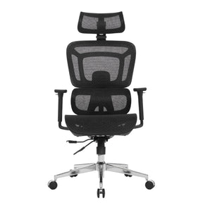 The product is an ergonomic office chair, specifically the Apollo Plus model. The chair features a modern design with a mesh backrest and seat for breathability, adjustable armrests, and a headrest, all supported by a chrome base with wheels for mobility.