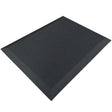 The image shows an ergonomic anti-fatigue mat, designed to provide comfort and support for individuals who stand for extended periods. The mat features a textured surface and beveled edges for safety, and it is predominantly black in color. This type of product is commonly used in offices, kitchens, and workspaces to reduce fatigue and improve posture.
