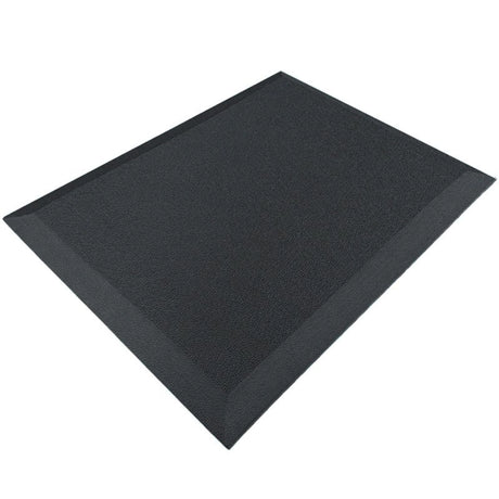 The image shows an ergonomic anti-fatigue mat, designed to provide comfort and support for individuals who stand for extended periods. The mat features a textured surface and beveled edges for safety, and it is predominantly black in color. This type of product is commonly used in offices, kitchens, and workspaces to reduce fatigue and improve posture.