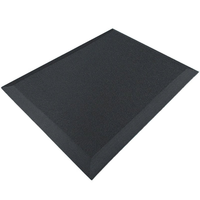 The image shows an ergonomic anti-fatigue mat, designed to provide comfort and support for individuals who stand for extended periods. The mat features a textured surface and beveled edges for safety, and it is predominantly black in color. This type of product is commonly used in offices, kitchens, and workspaces to reduce fatigue and improve posture.