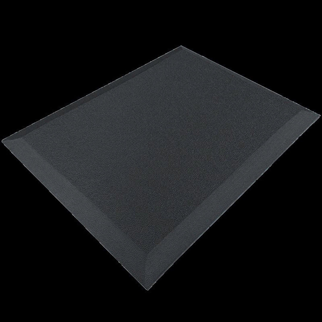 The product is an ergonomic anti-fatigue mat designed to provide comfort and support for individuals who stand for extended periods. It features a textured surface and beveled edges for safety and stability. The mat is primarily black, offering a sleek and professional look suitable for various environments.