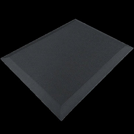 The product is an ergonomic anti-fatigue mat designed to provide comfort and support for individuals who stand for extended periods. It features a textured surface and beveled edges for safety and stability. The mat is primarily black, offering a sleek and professional look suitable for various environments.