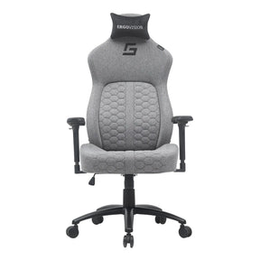 The product is an ergonomic gaming chair from the brand Ergovision, specifically the model "Gaming Chair King." The chair features a sleek gray design with a honeycomb pattern on the seat and backrest, providing both comfort and style. It includes adjustable armrests and a supportive headrest, making it suitable for long gaming or working sessions.