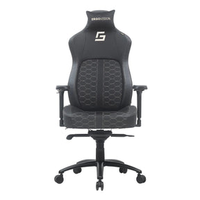 The image features an ergonomic gaming chair, specifically the Ergovision Gaming Chair King Deluxe. It has a sleek design with a black and gray color scheme, showcasing a hexagonal pattern on the seat and backrest. The chair includes adjustable armrests and a supportive headrest, making it suitable for long gaming sessions.