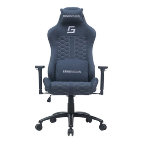 The product is an ergonomic gaming chair, specifically the Mikado model by Ergovision. The chair features a sleek design with a hexagonal pattern on the upholstery, a supportive headrest, and adjustable armrests. Its base is equipped with wheels for easy mobility, making it suitable for long gaming or working sessions.