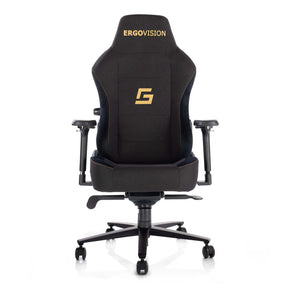 The product is an ergonomic gaming chair, specifically the Ergovision model. The chair features a sleek design with a high backrest, adjustable armrests, and a sturdy base with wheels for mobility. It is primarily black with gold accents, showcasing the Ergovision logo prominently on the headrest.