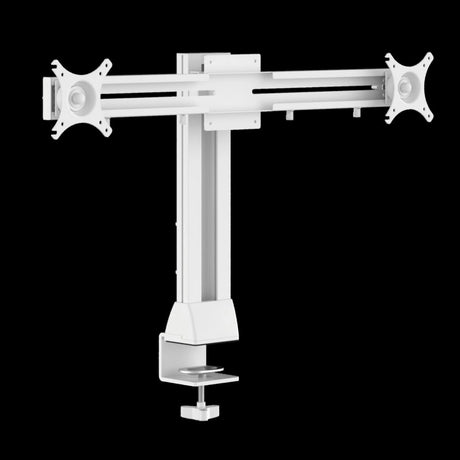 The product is a manual single monitor arm, designed to hold a computer monitor. It features a sleek white design with adjustable arms for optimal positioning. The base includes a clamp for secure attachment to a desk or table.