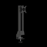 The product is a single monitor arm designed for ergonomic use in an office setting. It features a sleek, black design with a vertical pole and a mounting bracket for attaching a monitor. The base is equipped with a clamp for secure attachment to a desk.