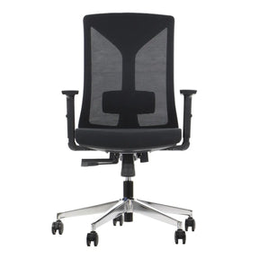 The product is an ergonomic office chair, specifically the Hager model. The chair features a sleek design with a mesh back for breathability, adjustable armrests, and a padded seat, all supported by a chrome base with wheels for mobility.