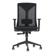 The product is an ergonomic office chair, specifically the Hager model. The chair features a mesh backrest for breathability, adjustable armrests, and a sleek design with a five-point base and rolling casters for mobility.