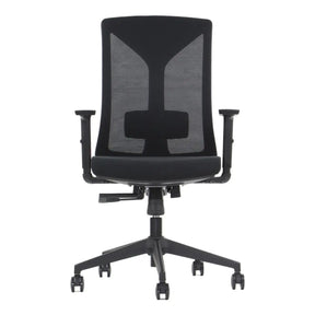 The product is an ergonomic office chair, specifically the Hager model. The chair features a mesh backrest for breathability, adjustable armrests, and a sleek design with a five-point base and rolling casters for mobility.