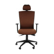 The product is an ergonomic office chair, model HG-0004F. The chair features a high backrest with a brown fabric upholstery, adjustable armrests, and a supportive headrest. It is mounted on a five-point base with wheels for mobility.