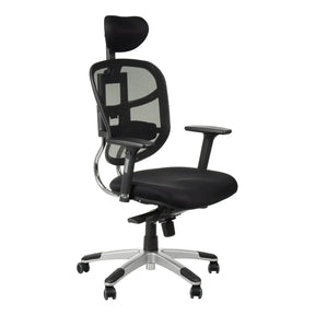 The product is an ergonomic office chair, model HN-5018. It features a mesh backrest for breathability, a padded seat for comfort, adjustable armrests, and a headrest. The chair is designed for optimal support during long hours of sitting.