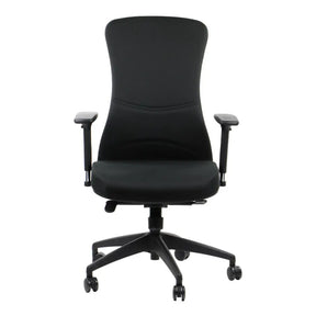 The product is an ergonomic office chair, specifically the Kenton model. The chair features a high backrest and a padded seat, both designed for comfort and support. It has adjustable armrests and a five-star base with wheels for mobility, all presented in a sleek black design.