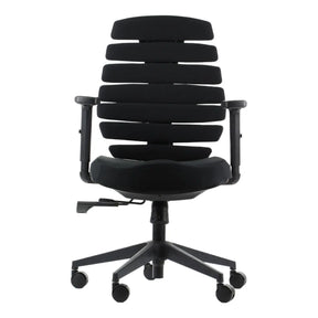 The product is an ergonomic office chair known as the "Ergonomic Chair Loop." It features a modern design with a slatted backrest for improved airflow and support. The chair is predominantly black and includes adjustable armrests and a height-adjustable seat, making it suitable for various office environments.