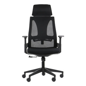 The product is an ergonomic office chair, specifically the Olton H model. The chair features a sleek black design with a mesh backrest for breathability, adjustable armrests, and a supportive headrest, making it suitable for long hours of sitting. The base is equipped with wheels for easy mobility.