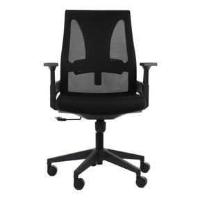 The product is an ergonomic office chair, specifically the Olton L model. The chair features a sleek black design with a mesh backrest for breathability and adjustable armrests. It is mounted on a five-star base with wheels for mobility, making it suitable for office environments.