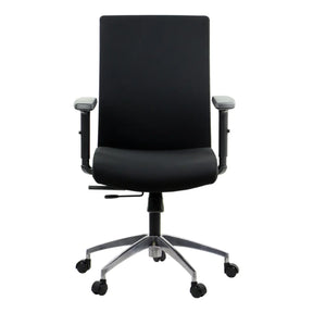 The product is an ergonomic office chair, specifically the Riverton model. The chair features a sleek black design with a high backrest, adjustable armrests, and a five-point base with wheels for mobility. It is designed for comfort and support during long hours of sitting.