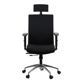 The product is an ergonomic office chair, specifically the Riverton model with a headrest. The chair features a sleek black design with a high backrest, adjustable armrests, and a comfortable seat, all supported by a five-point base with wheels for mobility.