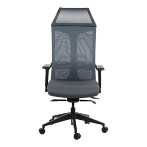 The image features an ergonomic office chair, specifically the Ryder gaming chair. It has a modern design with a mesh backrest for breathability and comfort, along with adjustable armrests. The chair is primarily gray in color and is mounted on a wheeled base for easy mobility.